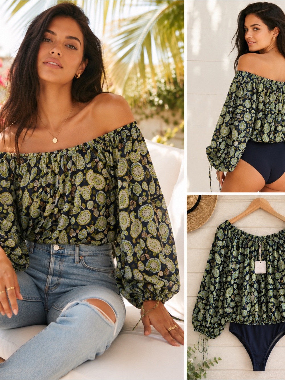 NWT Free People Sundown Paisley Off Shoulder Boho Bodysuit Top S